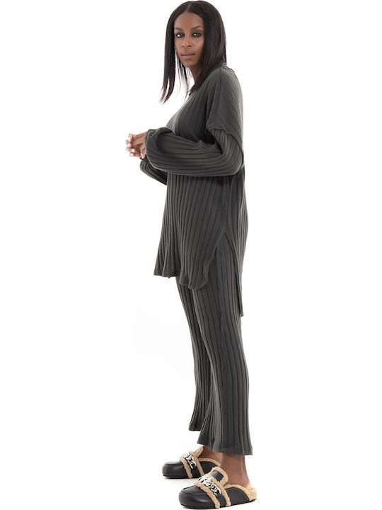 Pants Dark Women's Fabric Trousers with Rubber Band Grey