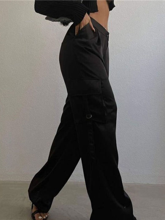Women's High-waisted Fabric Cargo Trousers Black