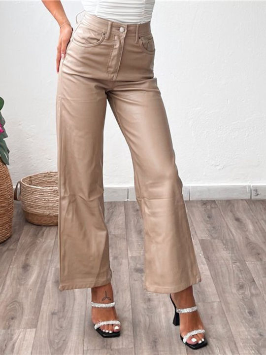 Chica Women's High-waisted Leather Trousers Beige