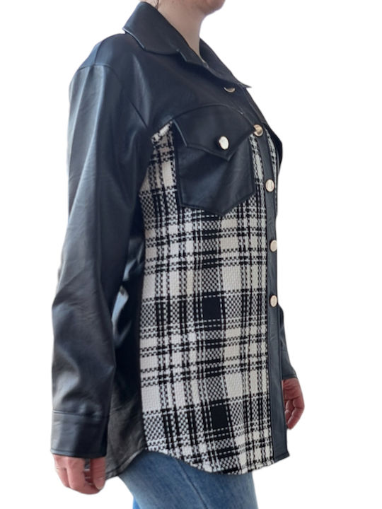 Remix Tartan Women's Leather Checked Long Sleeve Shirt Black