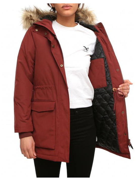 Women's Short Parka Jacket for Winter with Hood Burgundy