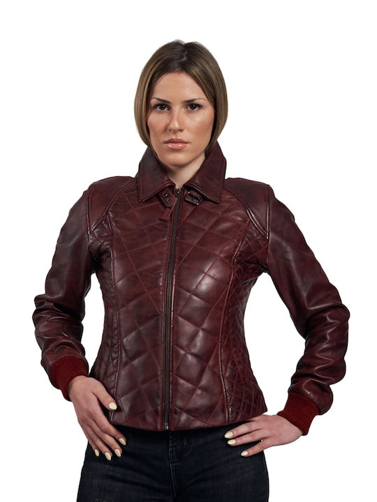 Leatherland Olibia Scurt Piele Jachetă de femei Puffer pentru iarnă Burgundy