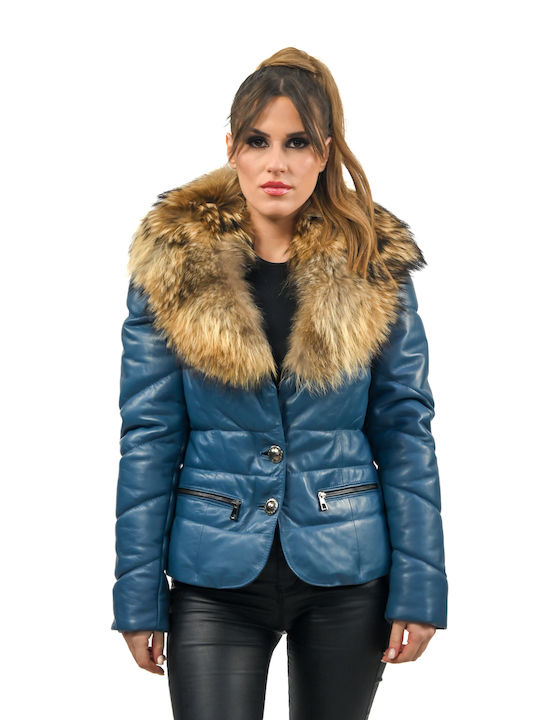 Leatherland Women's Short Puffer Leather Jacket for Winter Blue