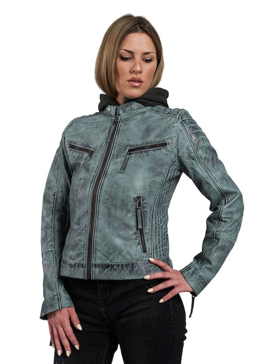 Leatherland Anna Women's Short Lifestyle Leather Jacket for Winter with Hood Gray