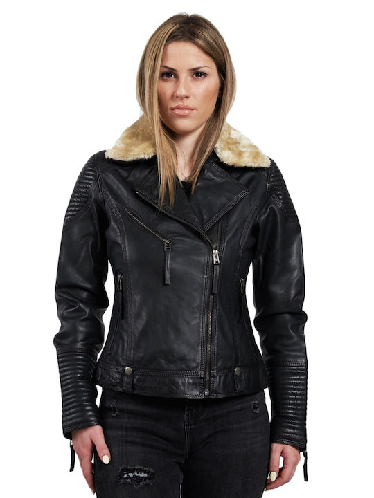 Leatherland Emily Δερμάτινο Γυναικείο Biker Jacket με Επένδυση Γούνας Μαύρο