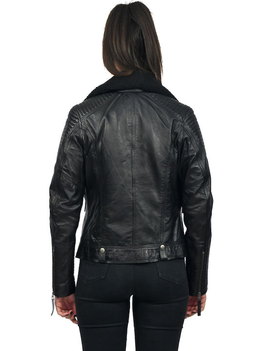 Emily Women's Short Biker Leather Jacket for Winter Black