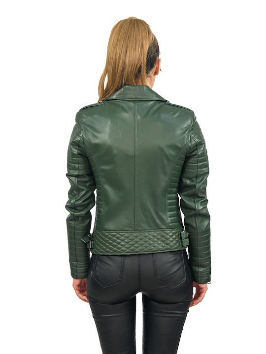 Leatherland Women's Short Puffer Leather Jacket for Winter Green