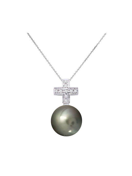 Necklace Amulet from White Gold 18k with Pearls & Diamond