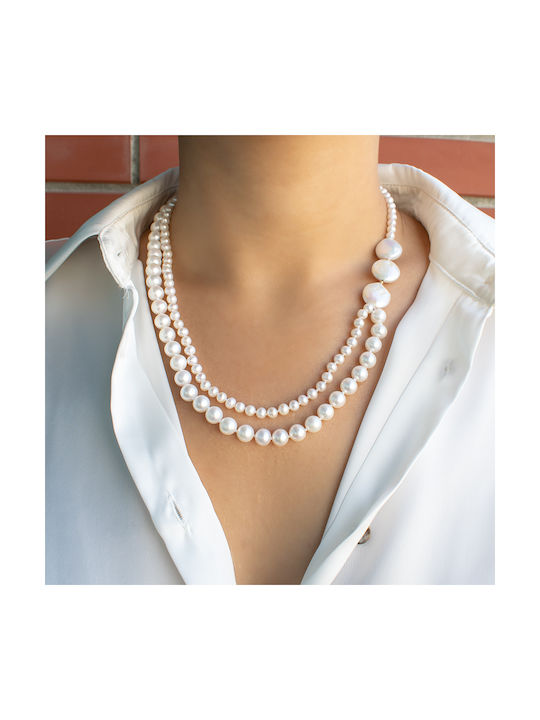 Necklace Double from White Gold 14K with Pearls