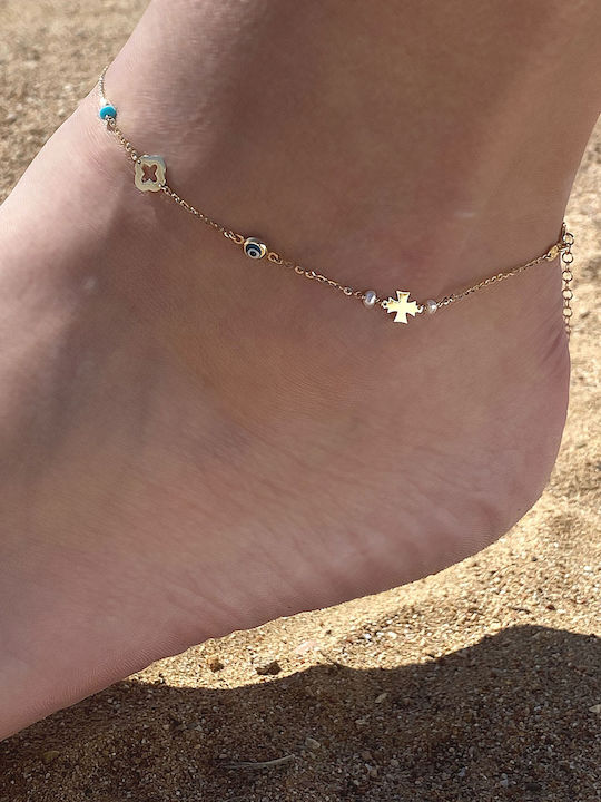 Bracelet Anklet Chain with design Eye made of Gold 14K with Pearls