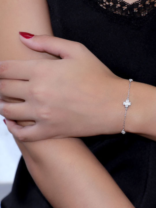 Bracelet Chain with Cross design made of White Gold 9K with Zircon