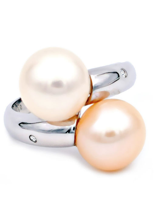 Margaritari Ring with Pearls & Diamond made of White gold 18K