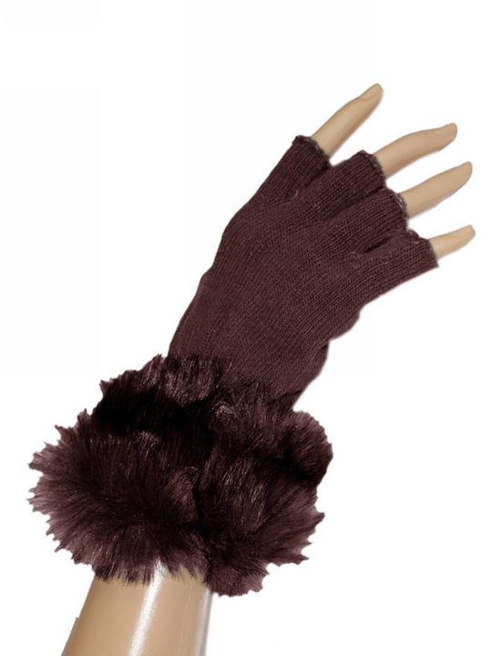 Καφέ Γυναικεία Πλεκτά Γάντια με Γούνα & με Κομμένα Δάχτυλα