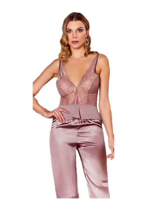 FMS Winter Damen Pyjama-Set Satin Rosa Louise