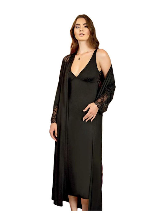 FMS Winter Damen Robe mit Nachthemd Schwarz