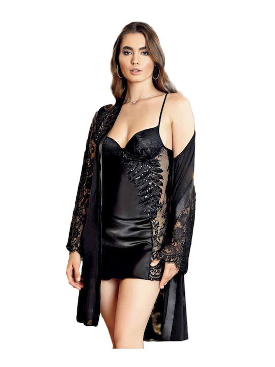 FMS Winter Damen Satin Robe mit Nachthemd Schwarz