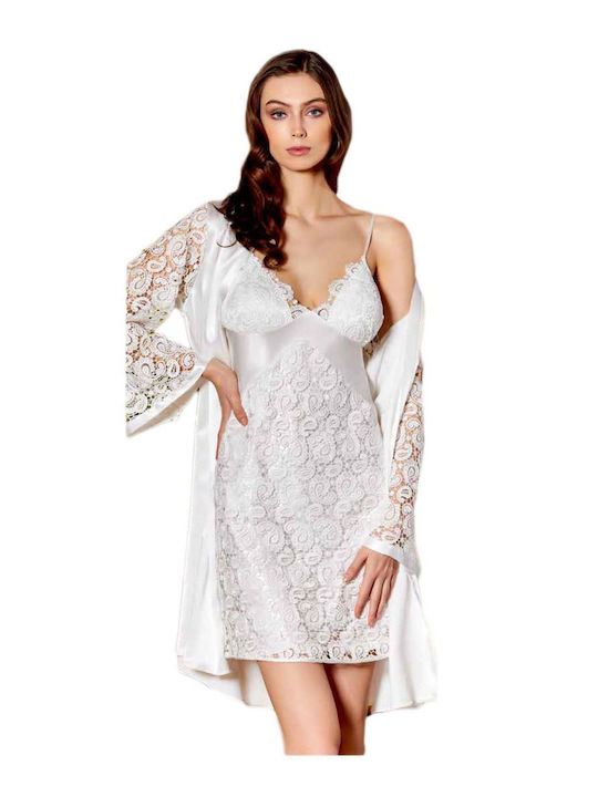 FMS Winter Women's Satin Robe with Nightdress White