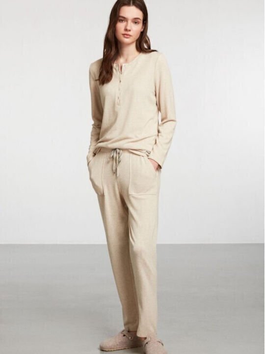 Penye Mood Winter Damen Pyjama-Set Beige