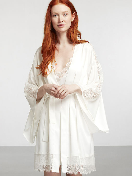 Penye Mood Sommer Damen Satin,σατεν Robe mit Nachthemd Weiß