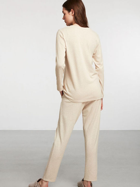 Penye Mood Winter Damen Pyjama-Set Beige