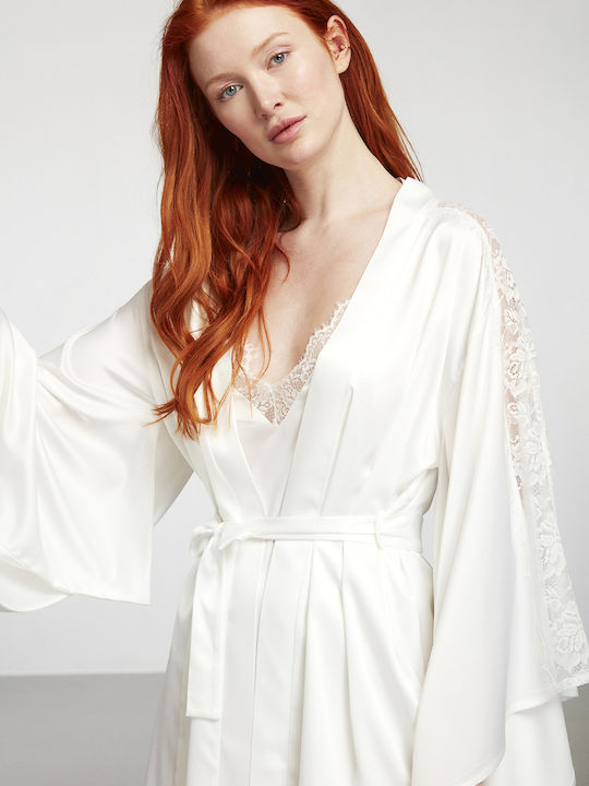 Penye Mood Sommer Damen Satin,σατεν Robe mit Nachthemd Weiß