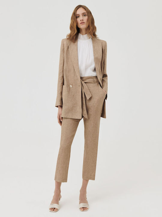 Marella Meteora Linen Blazer Μακρύ Γυναικείο Σταυρωτό Σακάκι Μπεζ