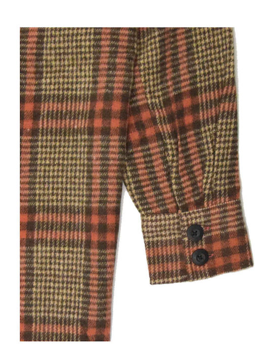 Γυναικείο Καρό Καφέ Παλτό Oversized με Κουμπιά