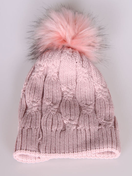 Pom Pom Beanie Γυναικείος Σκούφος με Πλεξούδες σε Ροζ χρώμα