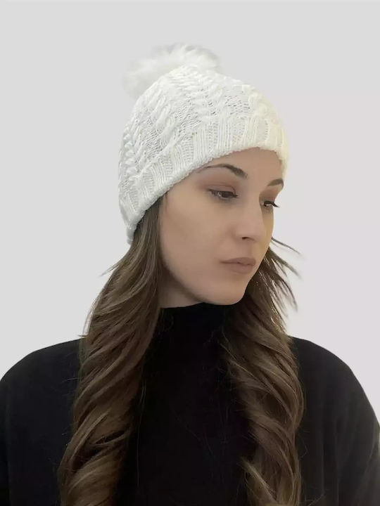 Pom Pom Beanie Γυναικείος Σκούφος με Πλεξούδες σε Λευκό χρώμα