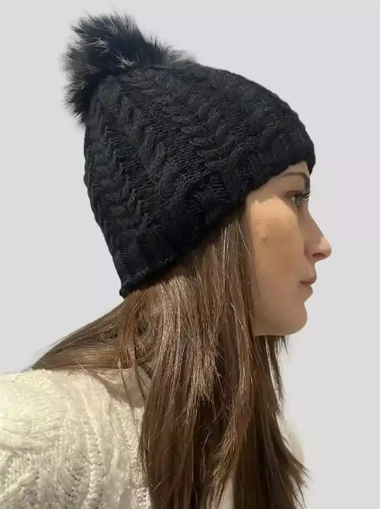 Pom Pom Beanie Frauen Beanie mit Strickmuster in Schwarz Farbe