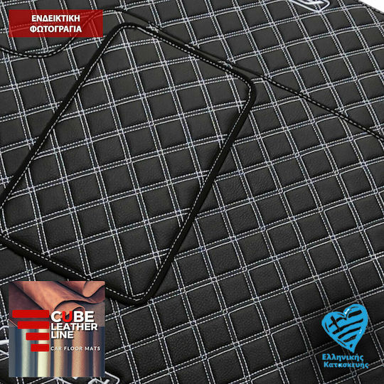 Fiat Linea 2007-2018 Technoleather Cube Mats Black With White Stitching White Embroidery Abarth Set 4pcs