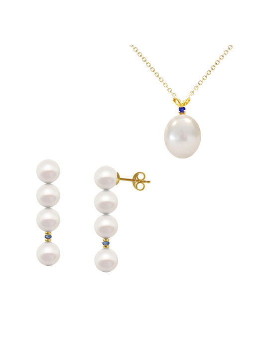 Gold Set Earrings & Pendant with Stones and Pearls 14K