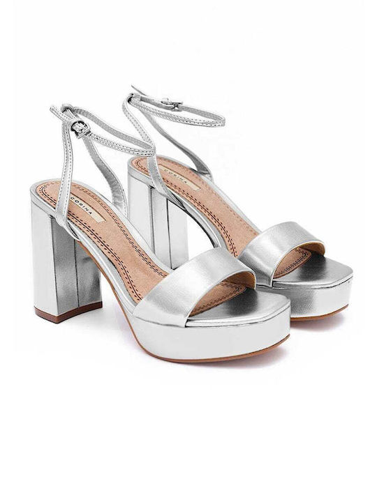 Corina Synthetic Leather Women's Sandals Silver with Chunky High Heel