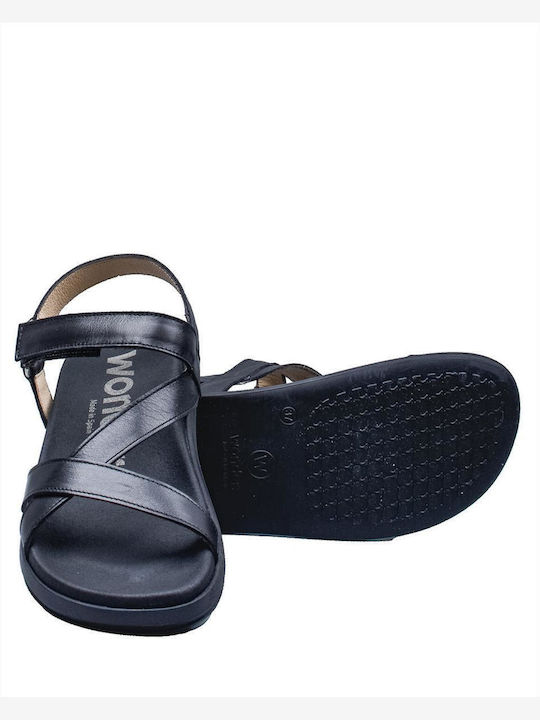 Wonders Leather Women's Flat Sandals with Strap in Black Color