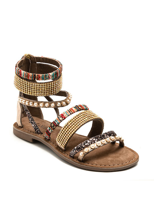 Lazamani Leather Women's Flat Sandals with Strap in Brown Color