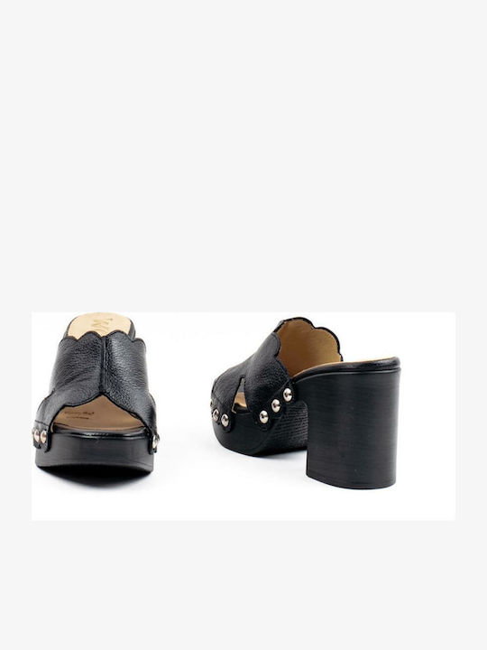 Leather Mules with Chunky High Heel in Black Color