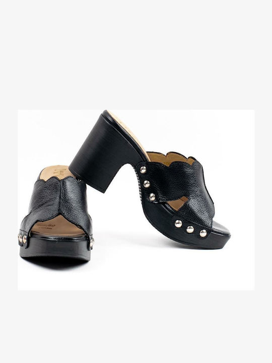 Leather Mules with Chunky High Heel in Black Color