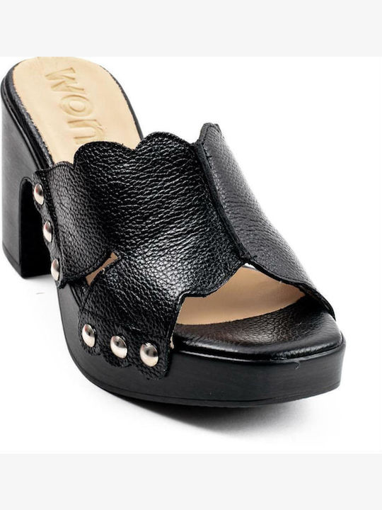 Leather Mules with Chunky High Heel in Black Color