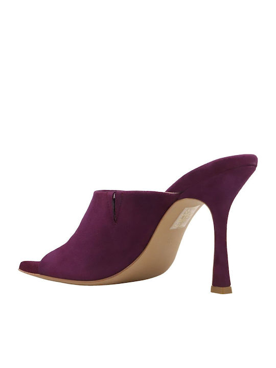 Suede Mules με Λεπτό Ψηλό Τακούνι σε Μωβ Χρώμα