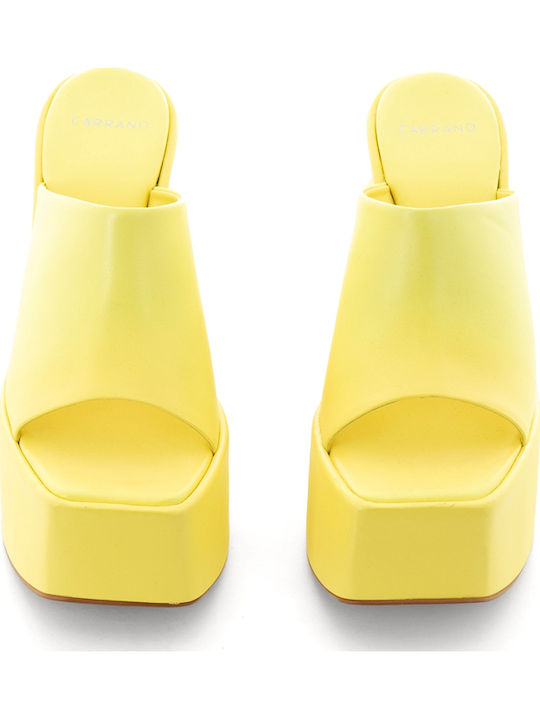 Leather Mules with Chunky High Heel in Yellow Color