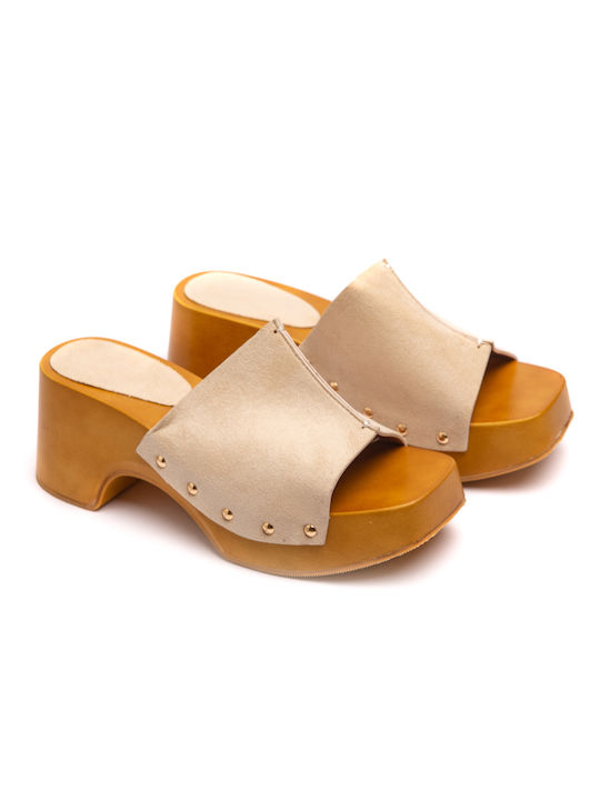 Malesa Chunky Heel Mules Beige