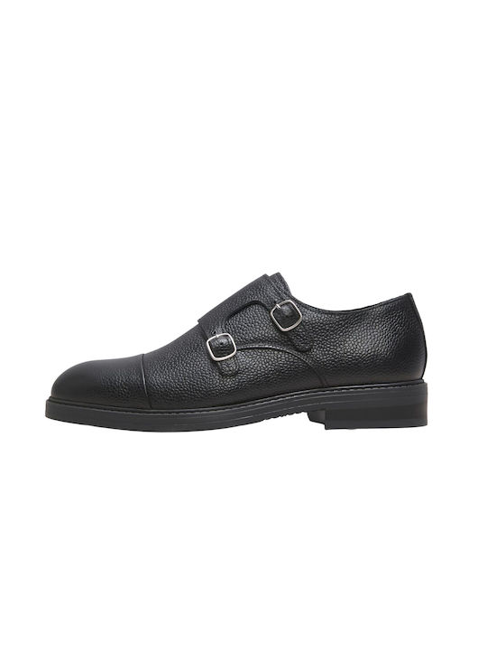 Selected Men's Leather Monk Shoes Black