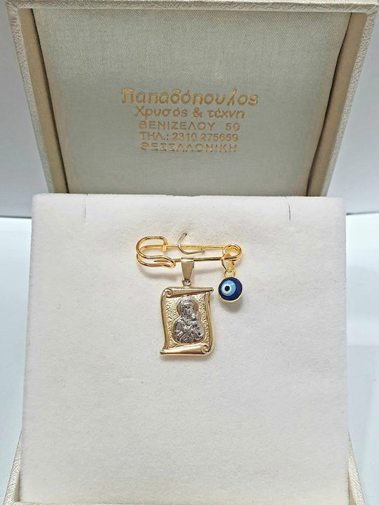 Papadopoulos Gold Kinder Sicherheitsnadel aus Gold und Weißgold 9K mit Bild der Jungfrau Maria