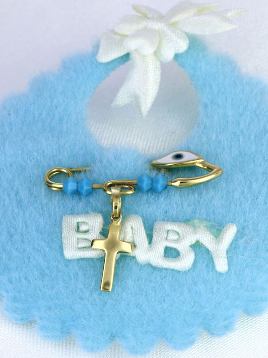 Child Safety Pin made of Gold 9K with Cross for Boy