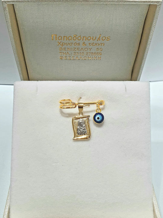 Papadopoulos Gold Kinder Sicherheitsnadel aus Gold und Weißgold 14K mit Bild der Jungfrau Maria