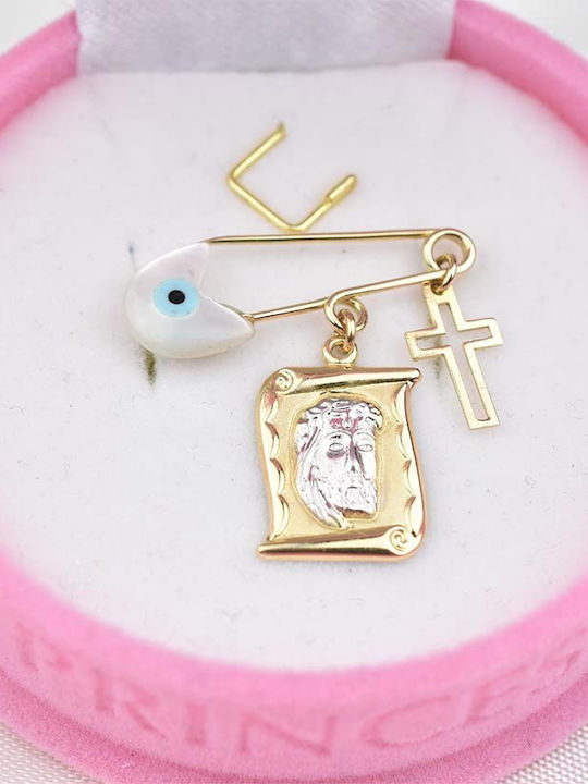 Goldjewels Child Safety Pin made of Gold and White Gold 9K with Cross