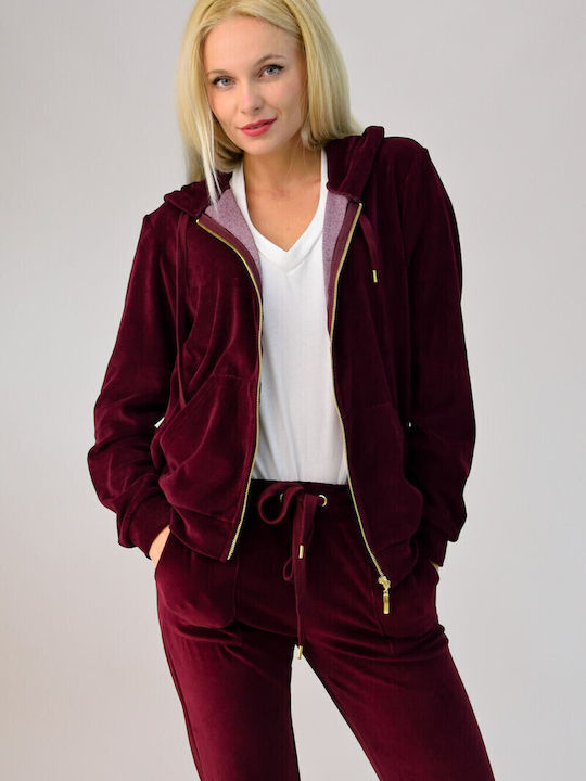 Women's Sweatshirt Jacket Velvet Hooded Burgundy