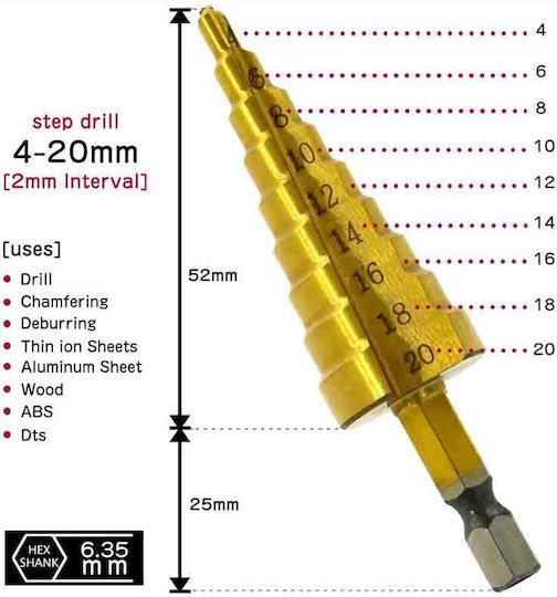 Set of 3 Conical Drills Titanium with Hexagonal Shank for Metal 12-32mm