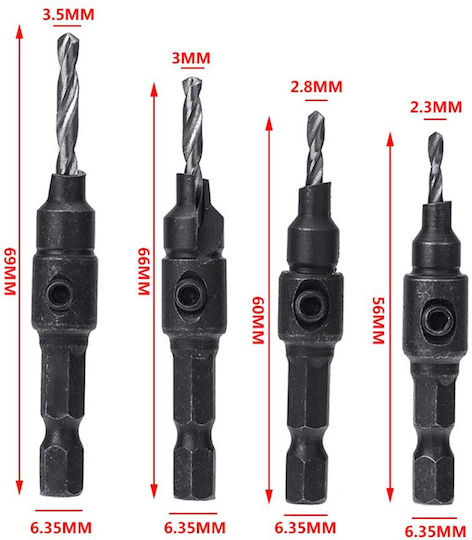 Set of 4 Drills with Hexagonal Shank for Wood