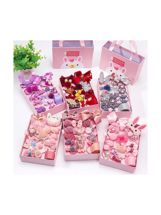 Set Kids Hair Clips with Hair Clip / Rubber Band in Pink Color 18pcs